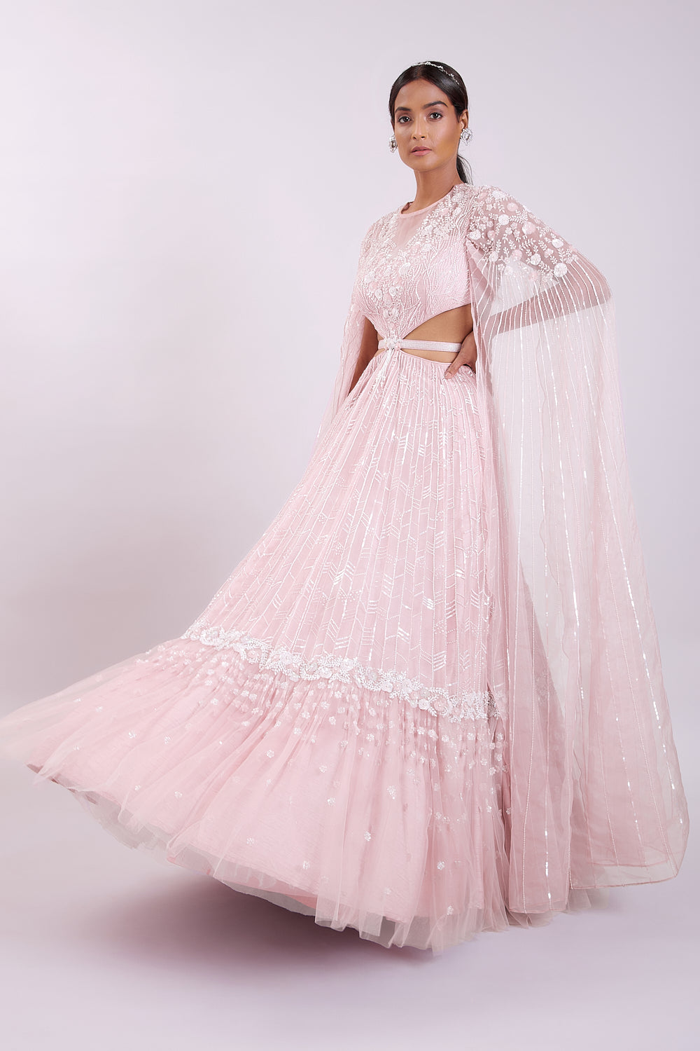 Blush Pink Waist Cutout Embroidered Organza Gown