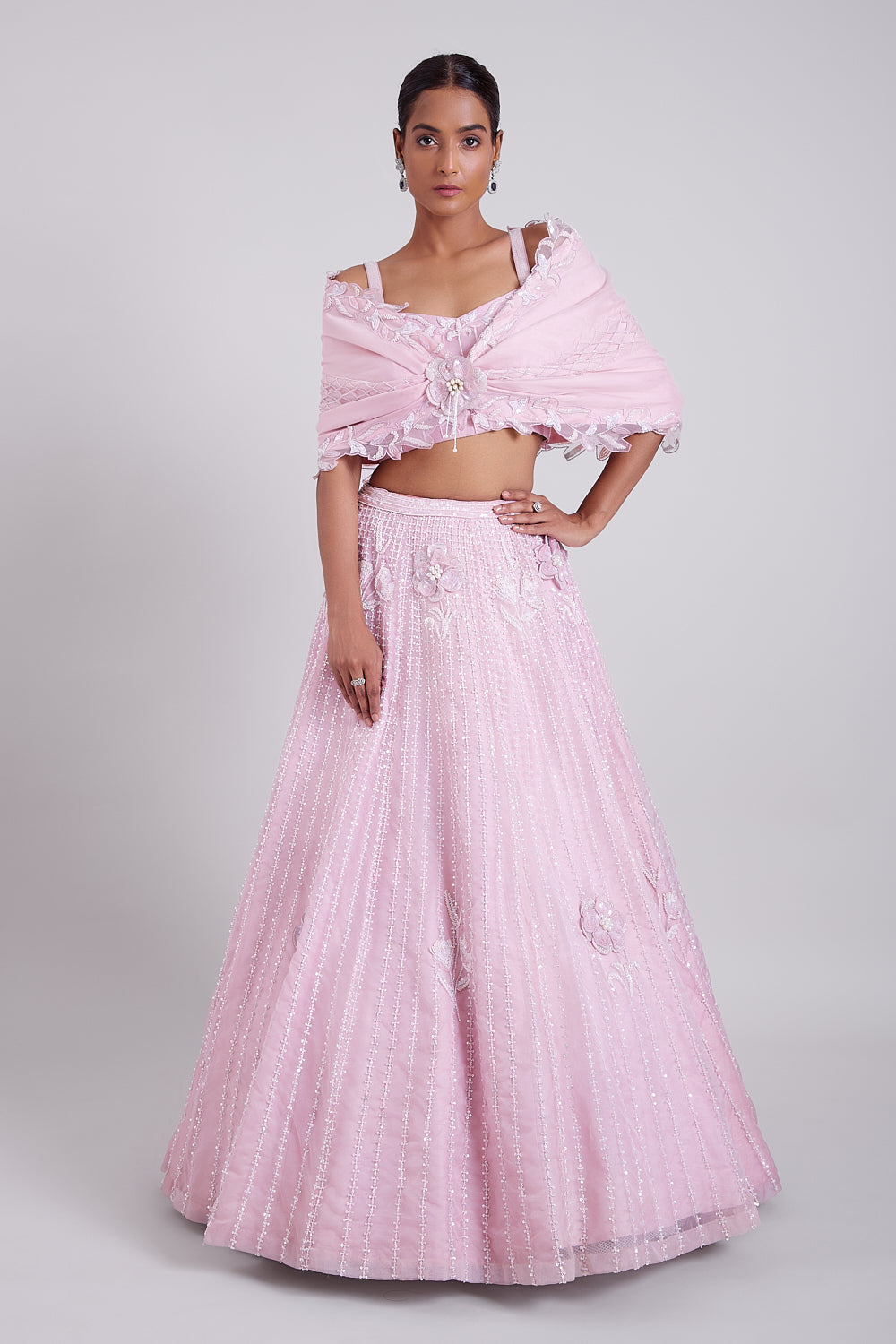 Blush Pink Organza 3-D flower Hand Embroidered Cape Lehenga