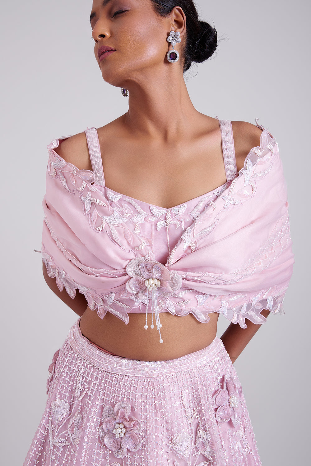 Blush Pink Organza 3-D flower Hand Embroidered Cape Lehenga